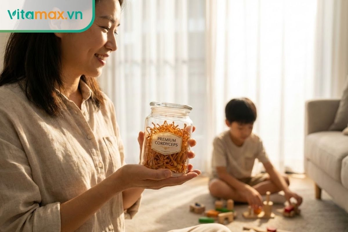 Người mẹ đang tìm hiểu sản phẩm đông trùng hạ thảo chất lượng cao của Vitamax để bồi bổ sức khỏe cho con.