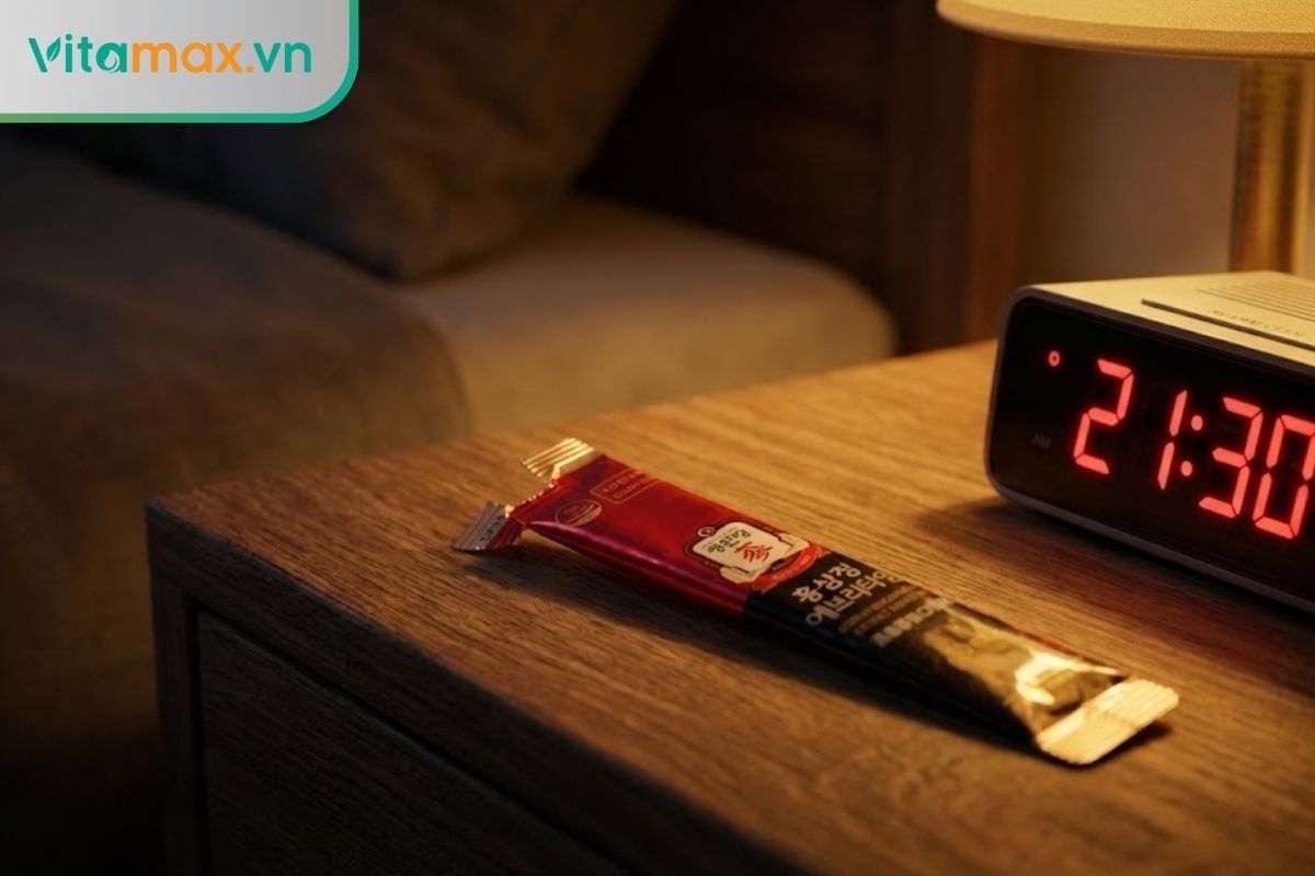 Gói nước hồng sâm Hàn Quốc đặt trên bàn ngủ cạnh đồng hồ chỉ giờ tối.