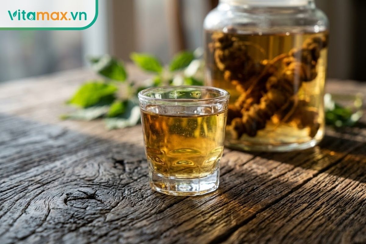 Cận cảnh ly rượu sâm Ngọc Linh có màu vàng óng tự nhiên được đặt trên bàn gỗ, minh họa cho chất lượng dưỡng chất được chiết xuất.