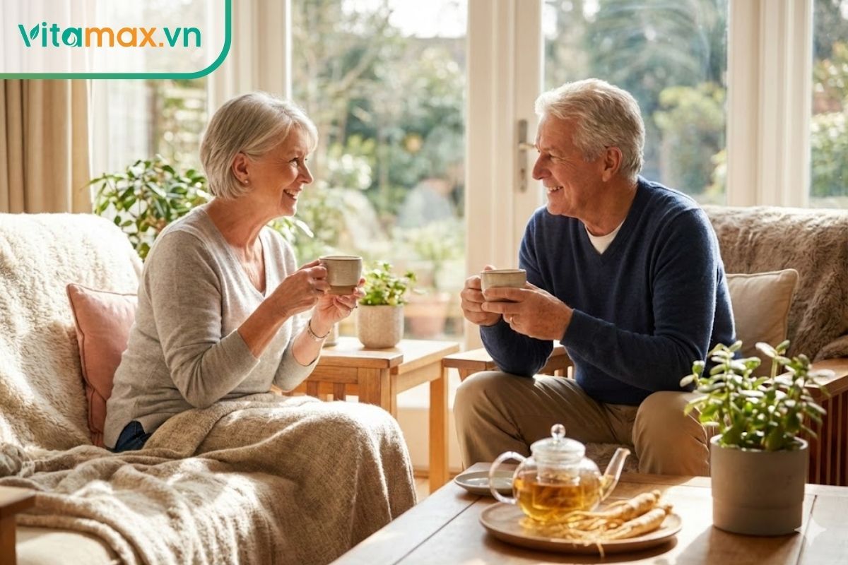 người trung niên thưởng thức trà sâm phục hồi sức khỏe trong không gian sang trọng