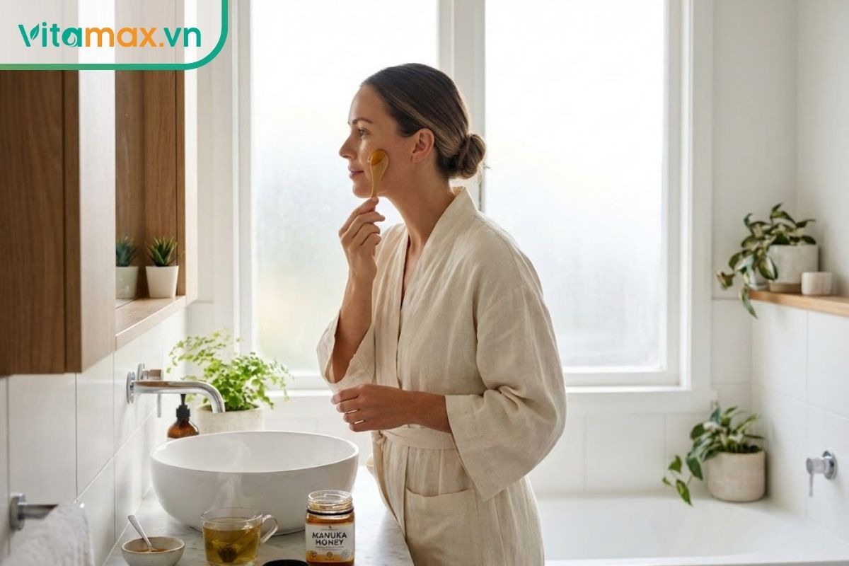 Người phụ nữ đang sử dụng mật ong Manuka để chăm sóc da và pha trà hỗ trợ sức khỏe.