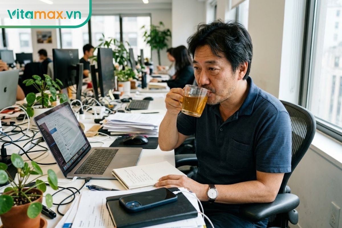 Một người đàn ông trung niên đang ngồi làm việc tại văn phòng, uống một cốc nước sâm Ngọc Linh pha mật ong ấm để giảm căng thẳng.