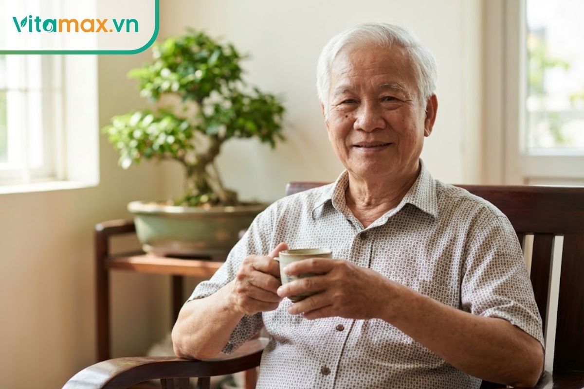 người cao tuổi khỏe mạnh đang thưởng thức trà sâm để bồi bổ sức khỏe và tăng trí nhớ
