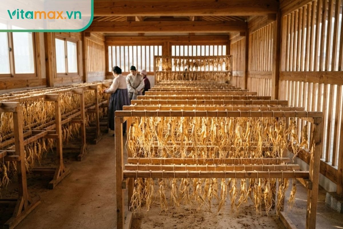 Quy trình sấy khô nhân sâm tươi thành hồng sâm để đảm bảo giữ trọn hoạt chất saponin.