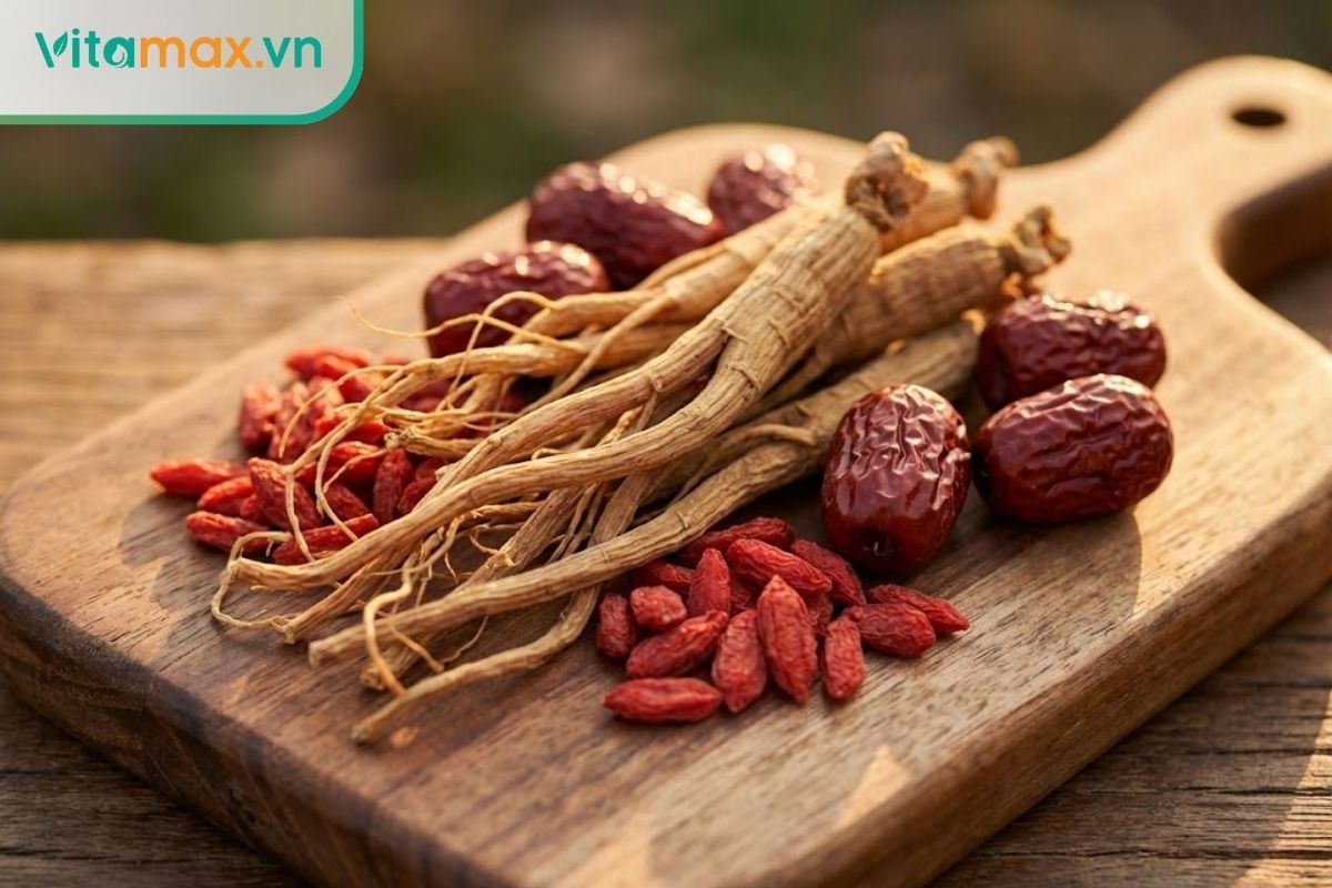 sự kết hợp màu sắc đẹp mắt giữa sâm khô, táo đỏ và kỷ tử