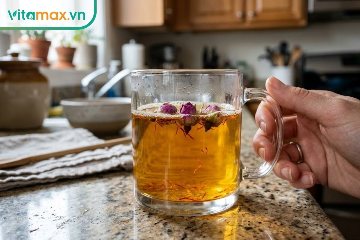 Trà saffron hãm cùng nụ hoa hồng khô mang lại màu vàng ươm và hương thơm thư giãn, tốt cho sắc đẹp phụ nữ.