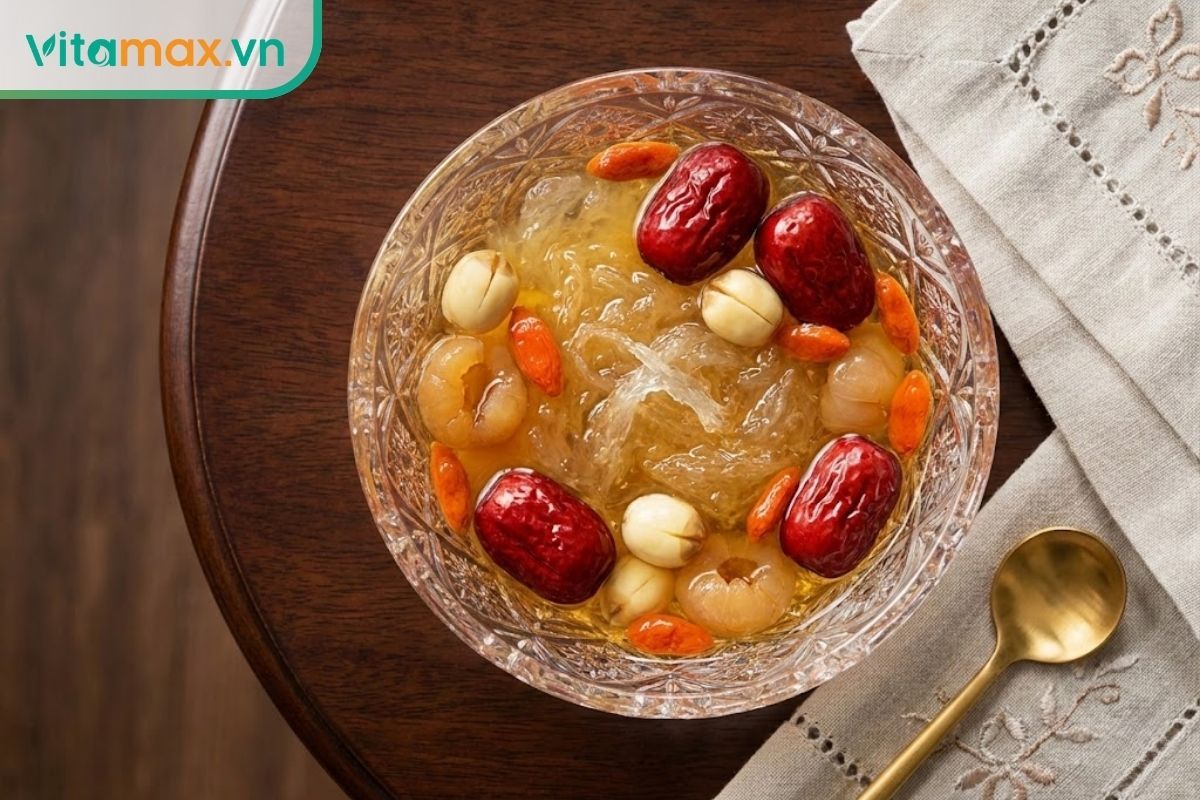 Thố yến chưng tứ vị hấp dẫn với màu đỏ của táo, kỷ tử và màu vàng nhạt của hạt sen, long nhãn hòa quyện cùng sợi yến.