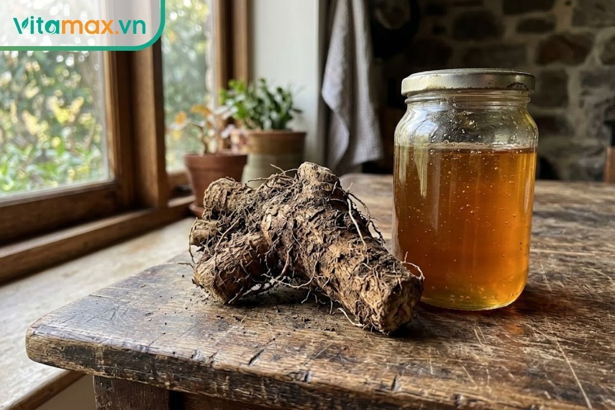 Củ đinh lăng tươi nguyên bản và mật ong rừng chuẩn bị để ngâm hỗ trợ sức khỏe.