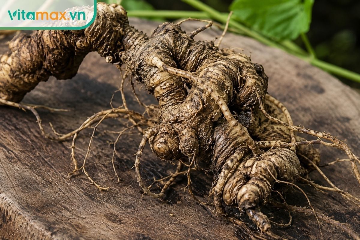 Cận cảnh củ sâm Ngọc Linh lâu năm với nhiều mắt đốt và rễ phụ, yếu tố quan trọng nhất quyết định mức giá đắt đỏ của bình rượu sâm.