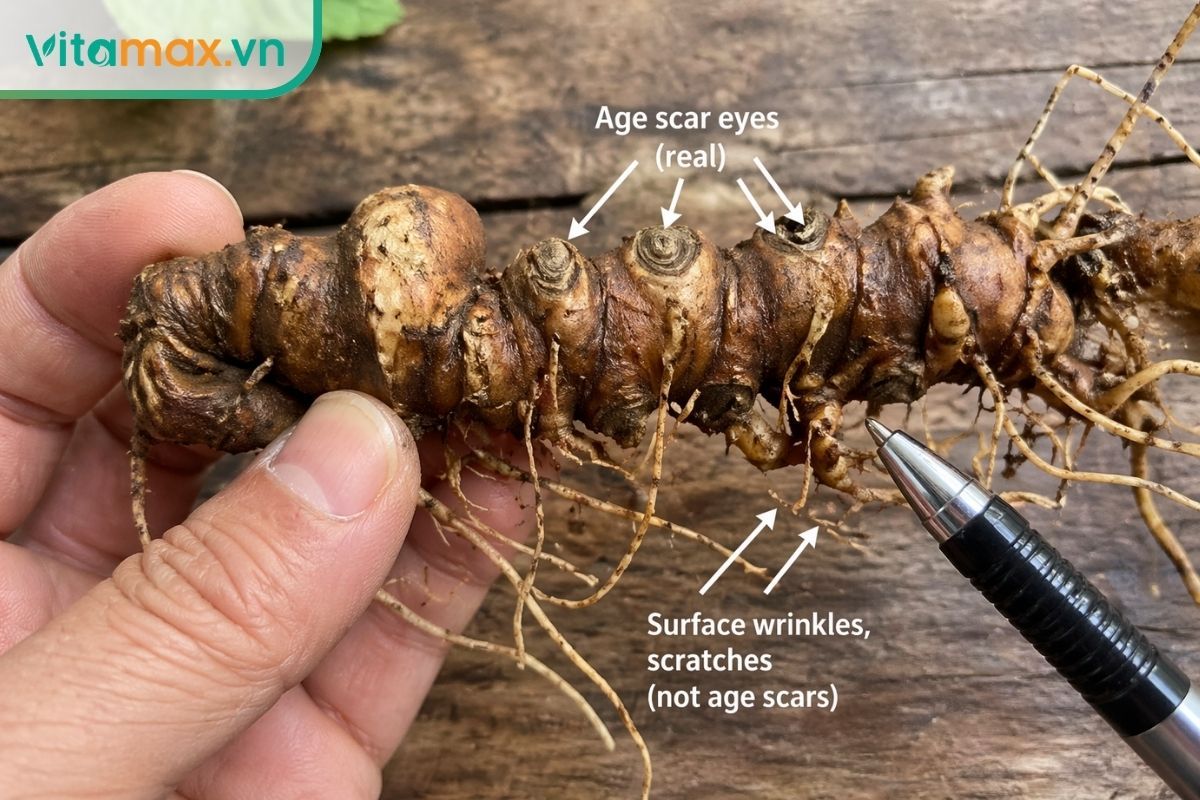 Cận cảnh thân rễ sâm Ngọc Linh cho thấy sự khác nhau giữa mắt sẹo thật và các vết nhăn, vết xước dễ bị nhầm khi tính tuổi.