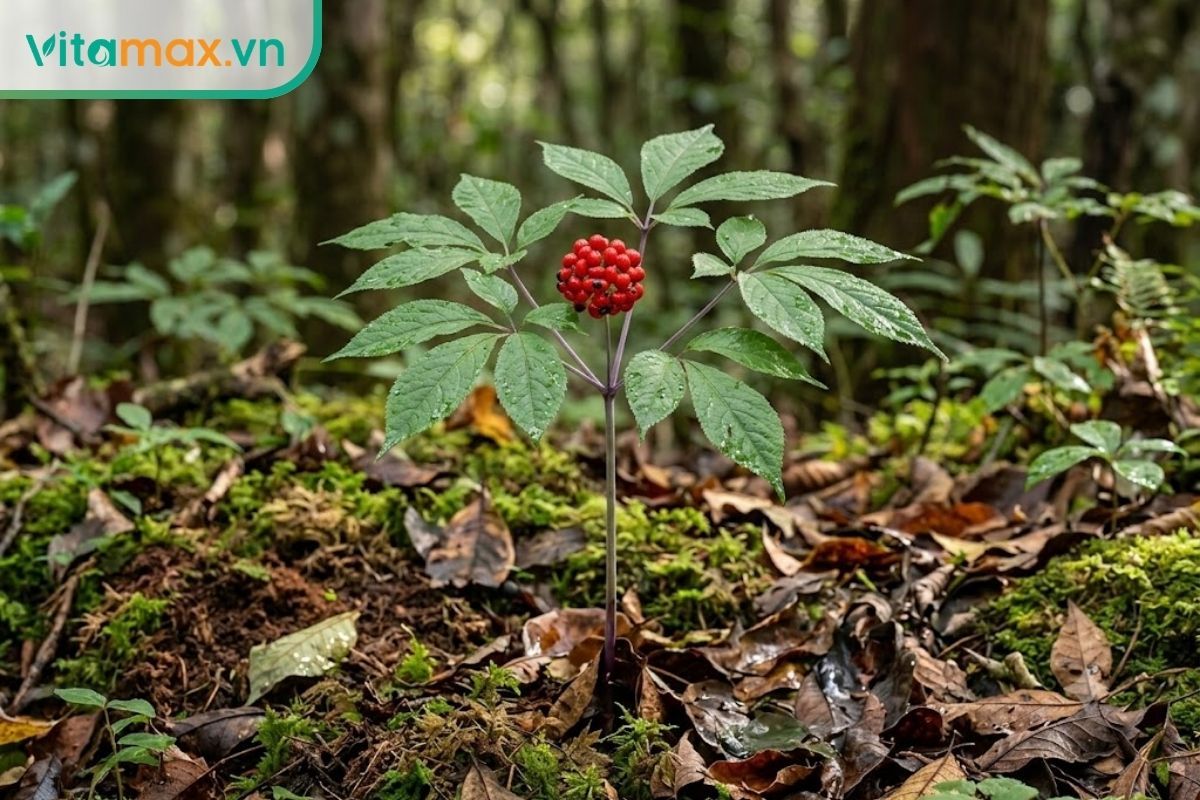 Một cây sâm nhỏ có thân màu xanh tím, mọc vươn lên từ lớp đất rừng tơi xốp phủ đầy lá khô mục, có các lá kép chân vịt với mép răng cưa, dưới ánh sáng nhẹ xuyên qua tán rừng ẩm ướt.