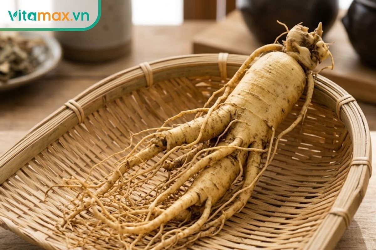 Một củ sâm Hàn Quốc tươi có phần thân chắc nịch và nhiều rễ phụ phân nhánh giống hình người, được đặt cẩn thận trên một chiếc mẹt tre truyền thống.