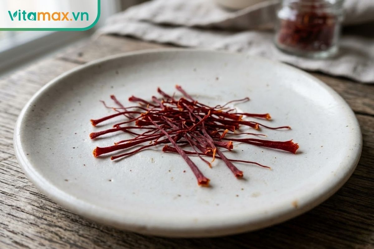 Cận cảnh các sợi nhụy hoa nghệ tây Super Negin thật với màu đỏ thẫm, đầu loe nhẹ đặc trưng đặt trên một chiếc đĩa gốm nhỏ màu trắng.