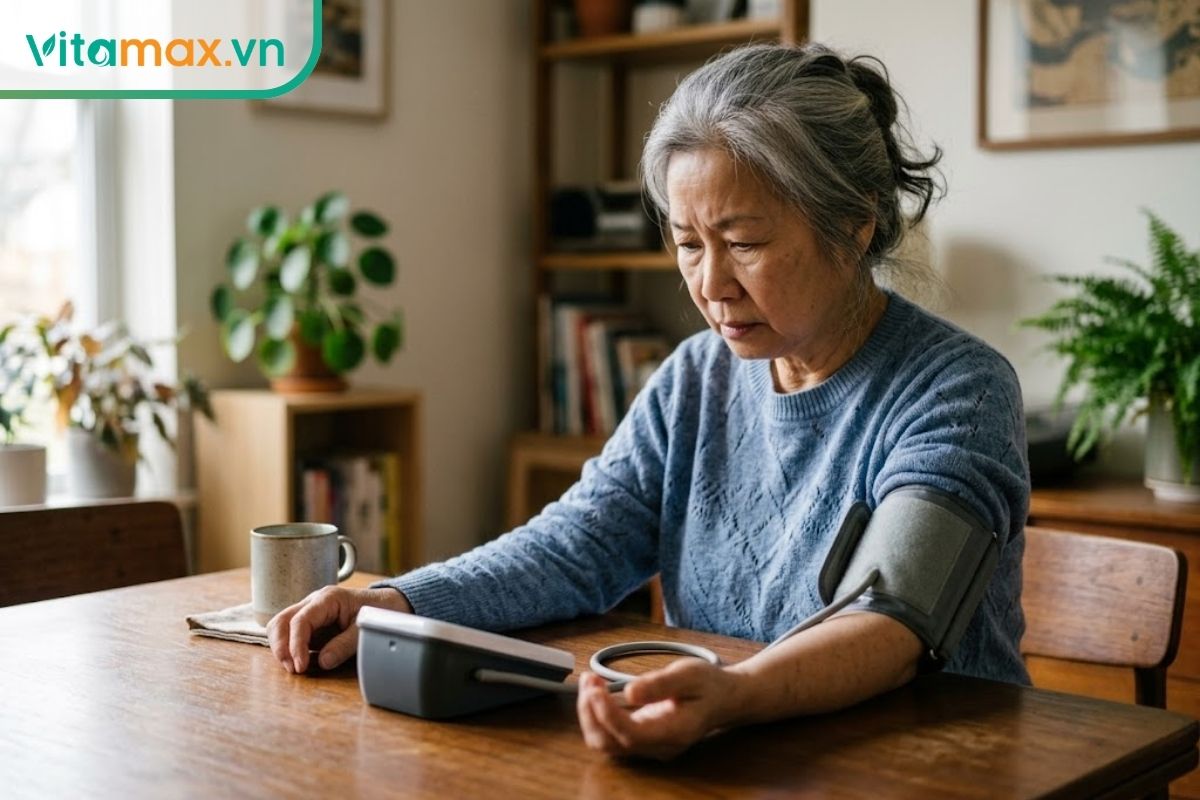 Một người phụ nữ lớn tuổi gốc Á đang ngồi tại bàn ăn, bắp tay quấn đai của máy đo huyết áp điện tử cá nhân, vẻ mặt hơi căng thẳng theo dõi thiết bị.