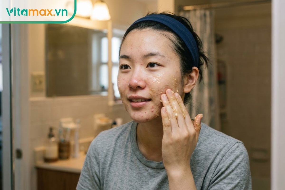 Một bạn nữ đang tự thoa lớp mỏng mặt nạ mật ong trị mụn lên vùng da có mụn ẩn và mụn đỏ nhẹ tại nhà.