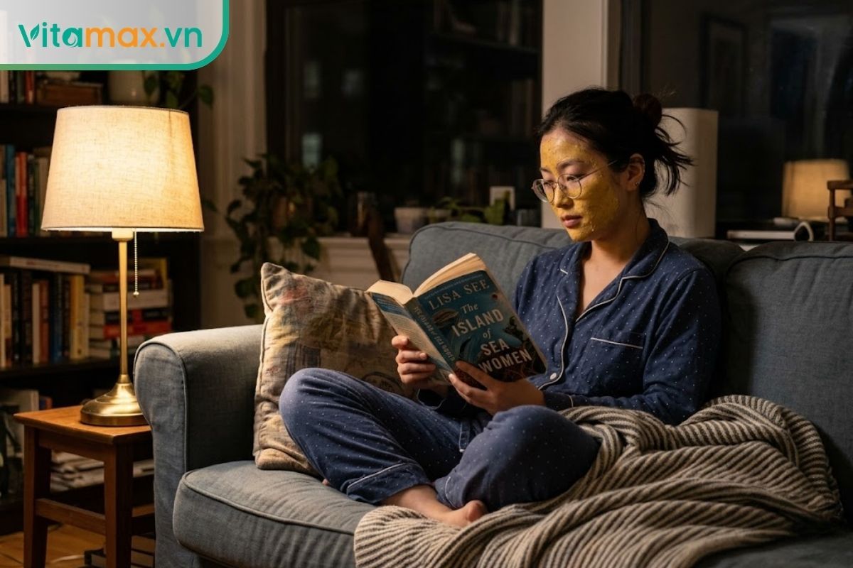 Cô gái mặc đồ ngủ đang ngồi thư giãn đọc sách vào buổi tối, trên mặt đắp một lớp mặt nạ nghệ mật ong mỏng nhẹ.