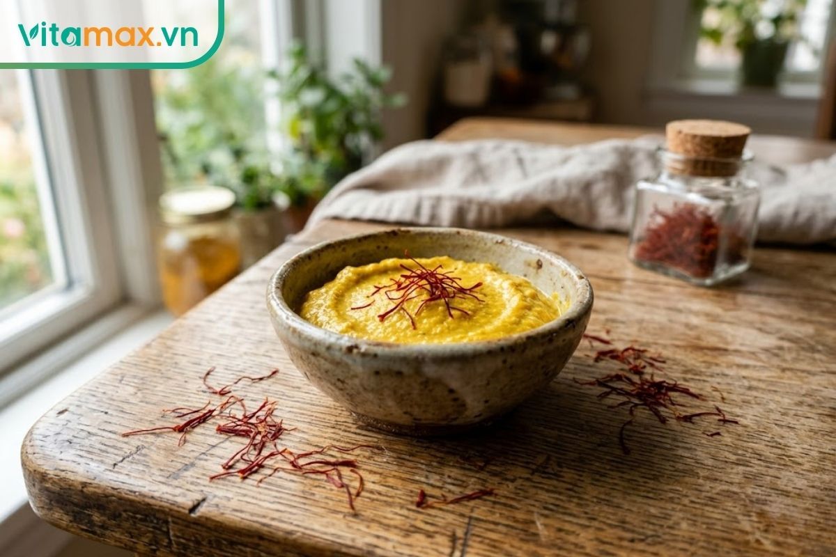 Bát mặt nạ nhụy hoa nghệ tây màu vàng óng đặt trên bàn gỗ, bên cạnh là những sợi saffron đỏ rực rỡ dùng để chăm sóc da tự nhiên.