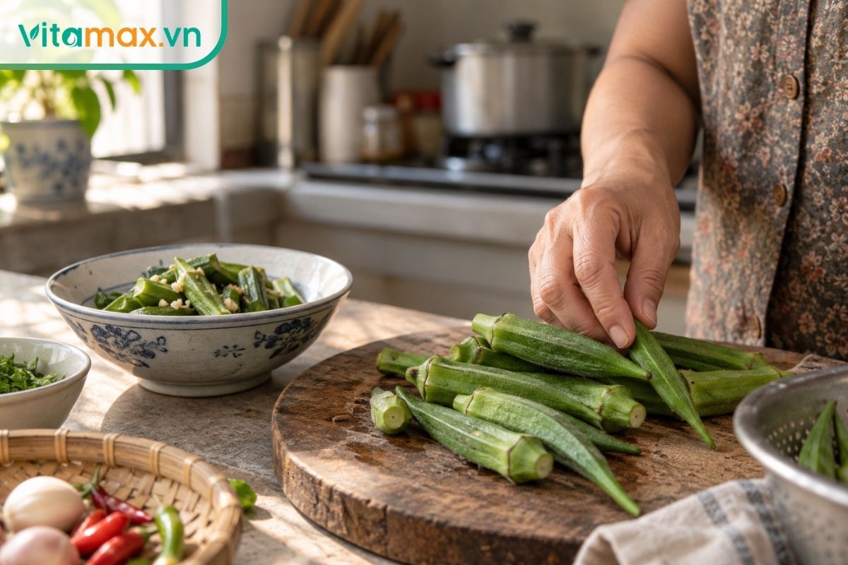 Người chuẩn bị đậu bắp tươi trong bếp gia đình, minh họa cách bổ sung loại rau này vào chế độ dinh dưỡng hỗ trợ xương khớp.