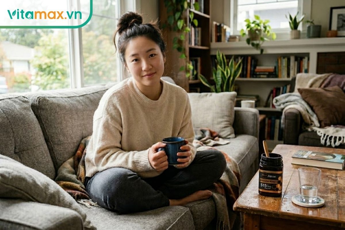 Phụ nữ trẻ mặc đồ mặc nhà đang ngồi ôm cốc nước ấm pha mật ong để làm dịu cơn đau bụng kinh, biểu cảm thư giãn nhẹ nhàng.