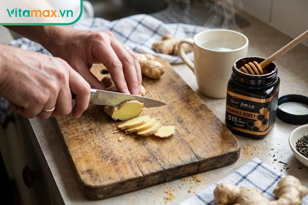 Cận cảnh hai bàn tay đang dùng dao thái lát củ gừng tươi trên thớt gỗ, bên cạnh là một hũ mật ong nguyên chất và cốc nước.