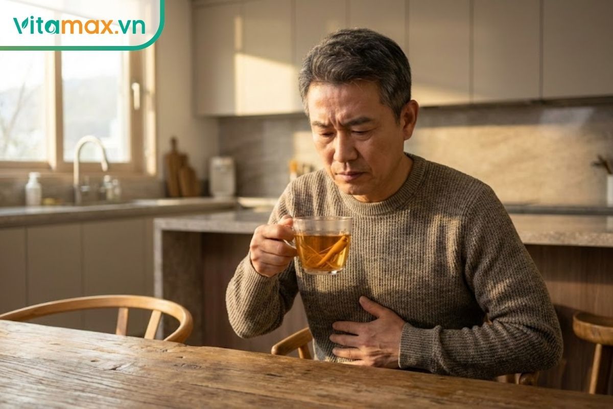 Một người đàn ông trung niên đang bị đau dạ dày nhẹ, tay ôm bụng và nhìn phân vân vào tách trà nhân sâm trên bàn.
