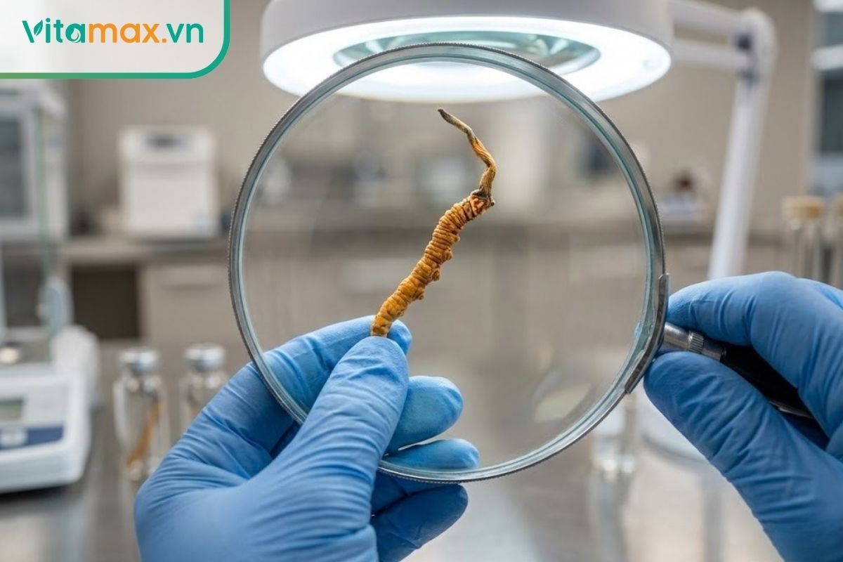 Chuyên gia đang kiểm tra kỹ lưỡng dấu hiệu đông trùng hạ thảo bị mốc trên bề mặt nấm khô.