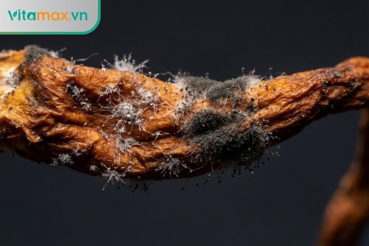 Ảnh chụp cận cảnh nấm đông trùng hạ thảo xuất hiện các đốm trắng và mảng xám đen do bị nấm mốc tấn công.