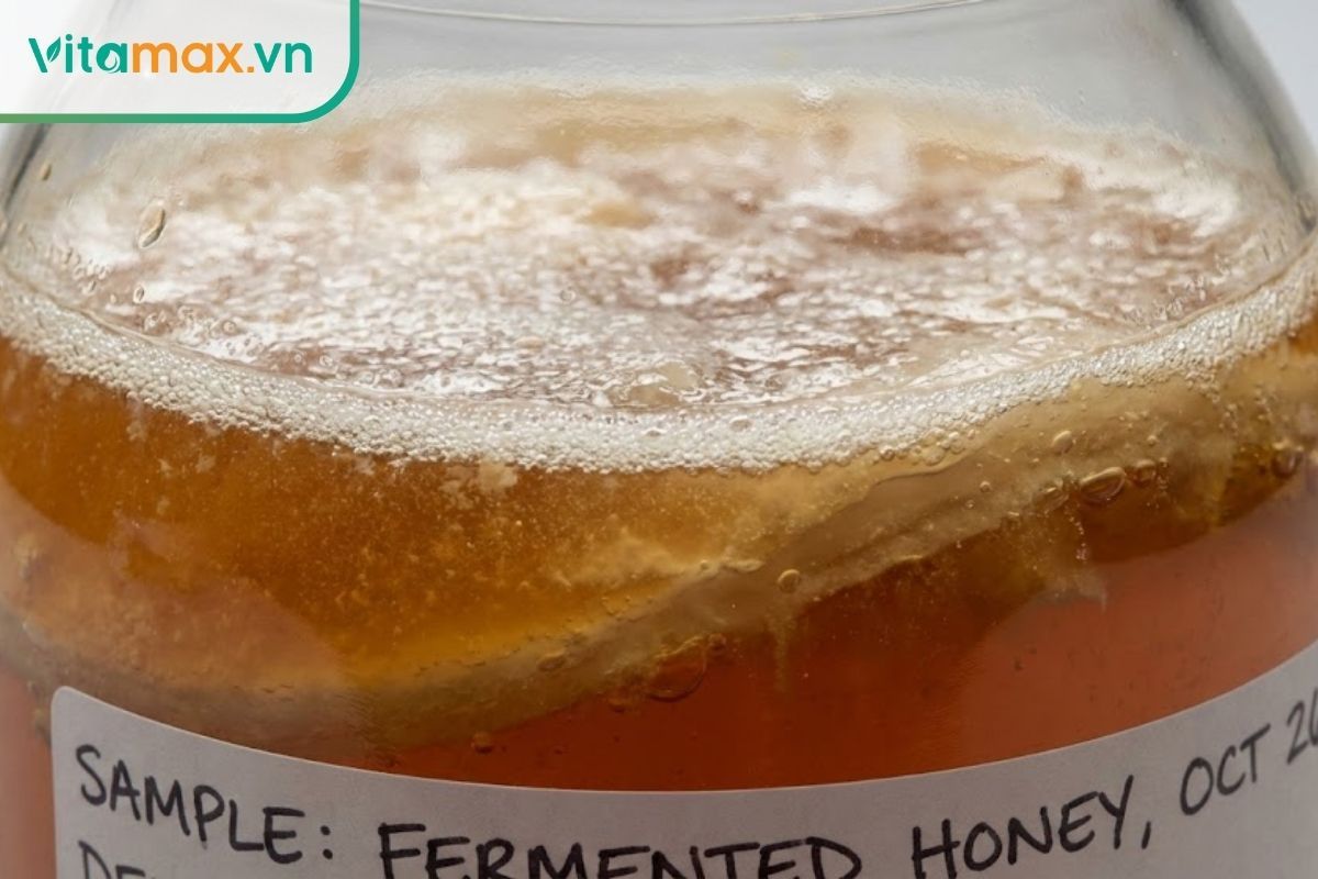 Cận cảnh bề mặt mật ong bị sủi bọt trắng và lên men chua do bảo quản sai cách.