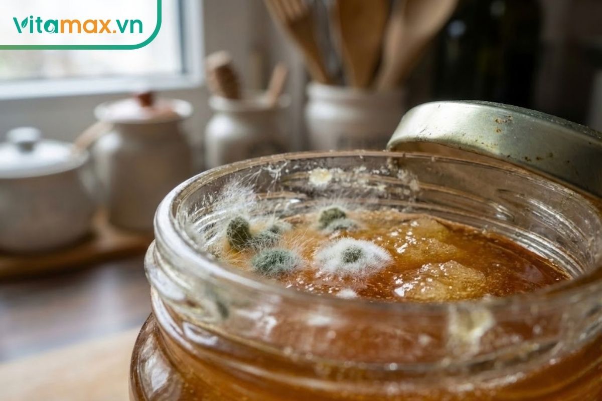 Cận cảnh bề mặt mật ong xuất hiện các mảng mốc trắng và xanh rêu, dấu hiệu mật ong bị hỏng khác với kết tinh.
