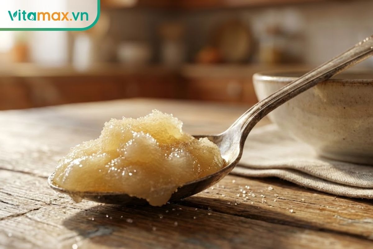 Cận cảnh lớp mật ong bị kết tinh đóng đường tự nhiên với các hạt mịn, màu sáng hơn mật lỏng.