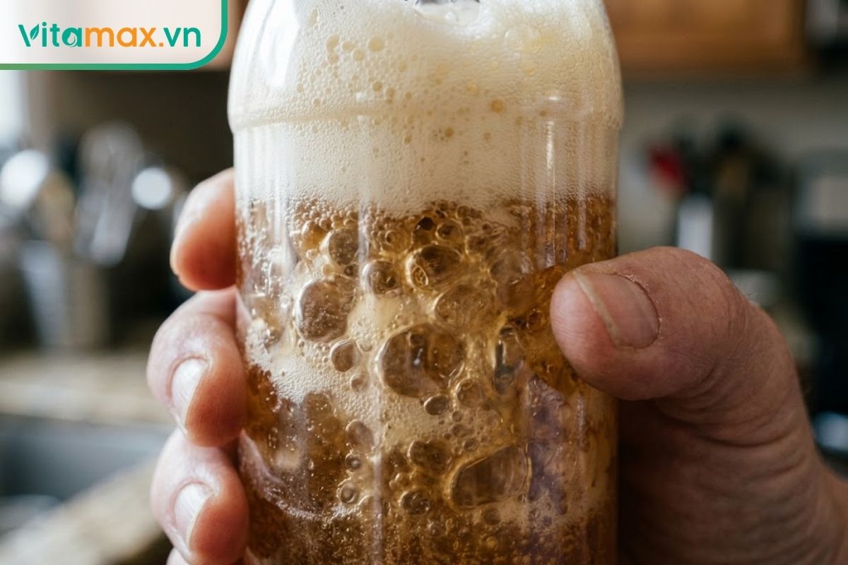 Cận cảnh chai mật ong lên men sủi bọt khí lớn, lớp bọt dày tụ ở nắp và kết cấu mật bị loãng do nấm men hoạt động.