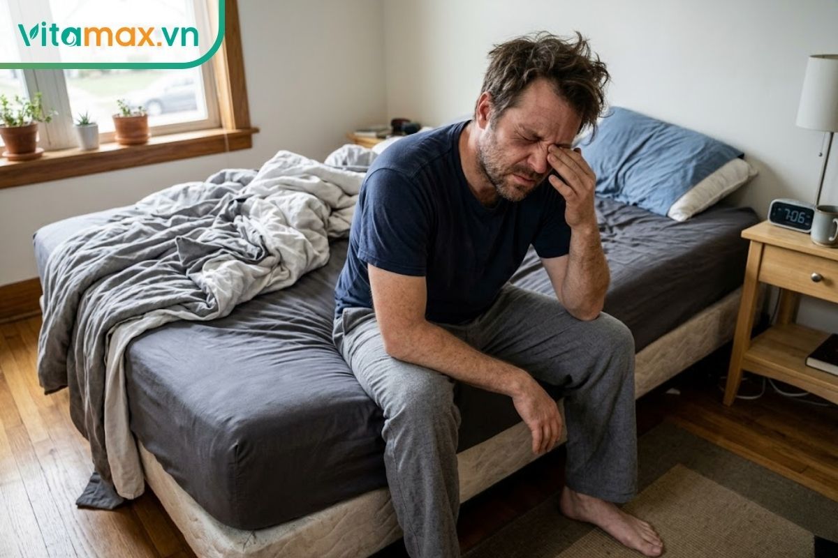 Một người đàn ông trông uể oải, mệt mỏi ngồi trên giường vào buổi sáng, lấy tay dụi mắt do ảnh hưởng của chứng ngủ ngáy kéo dài.