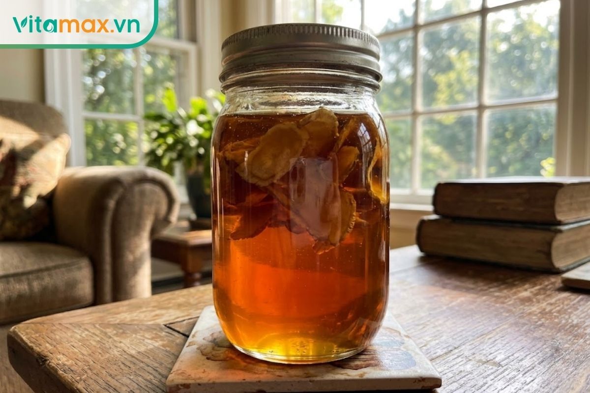 Bình sâm Ngọc Linh ngâm mật ong đã ngấu, nước mật trong vắt màu vàng nâu hổ phách, các lát sâm chìm đều không có bọt khí.