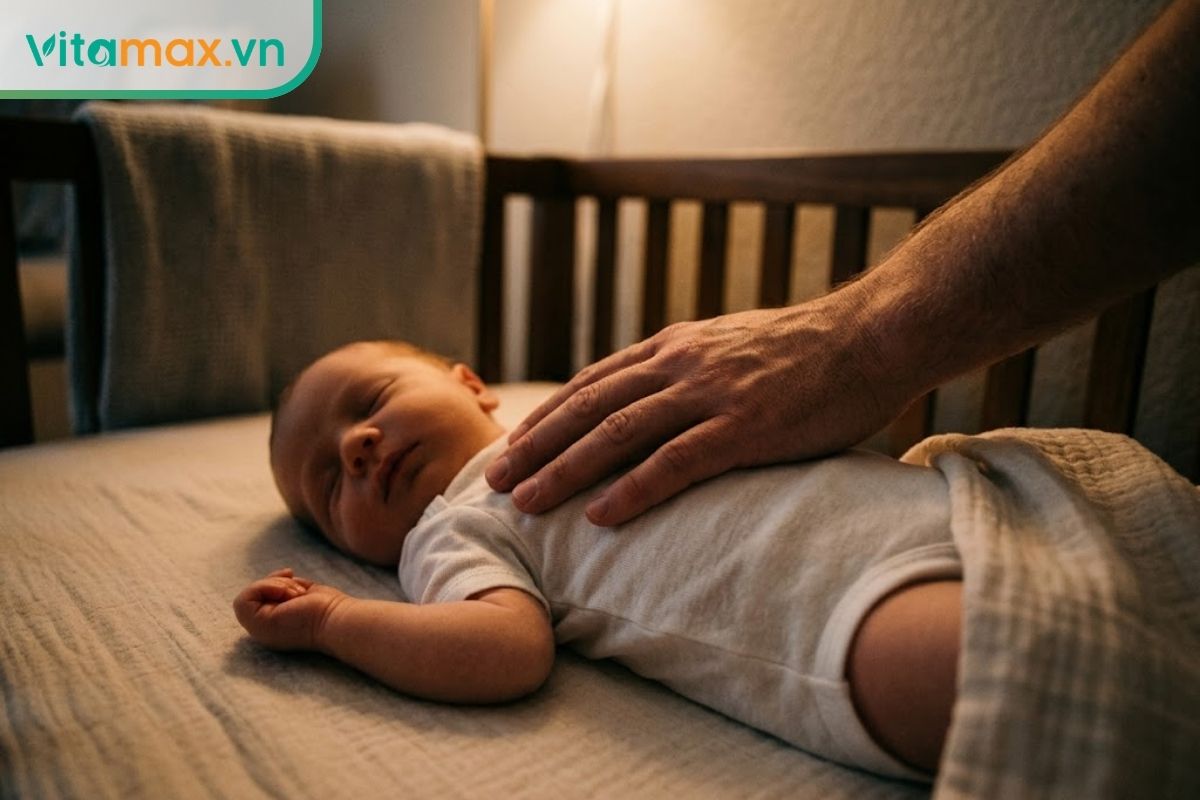 Cận cảnh một người cha đang nhẹ nhàng đặt tay lên bụng em bé sơ sinh đang ngủ trong nôi để theo dõi nhịp thở.
