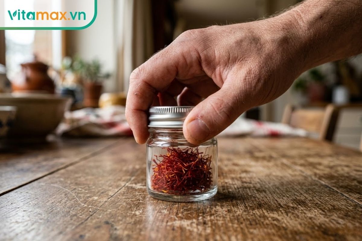 Cận cảnh bàn tay đang vặn chặt nắp hũ thủy tinh đựng nhụy hoa nghệ tây, thể hiện hành động ngừng sử dụng ngay lập tức khi cơ thể có dấu hiệu dị ứng.