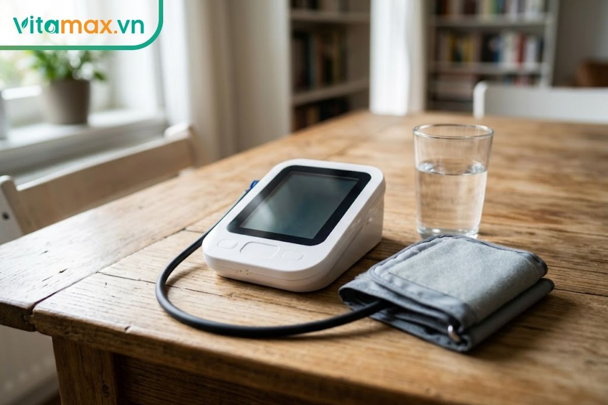 Một chiếc máy đo huyết áp điện tử cá nhân đặt trên bàn cạnh ly nước, gợi ý việc theo dõi sức khỏe tại nhà khi có dấu hiệu chóng mặt, tụt huyết áp bất thường.