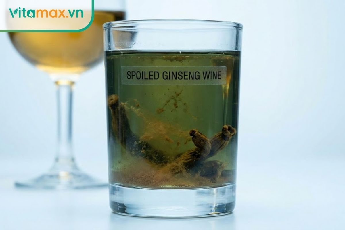Ly rượu sâm bị vẩn đục, có cặn lơ lửng và màu sắc sẫm đen là dấu hiệu rượu đã biến chất.