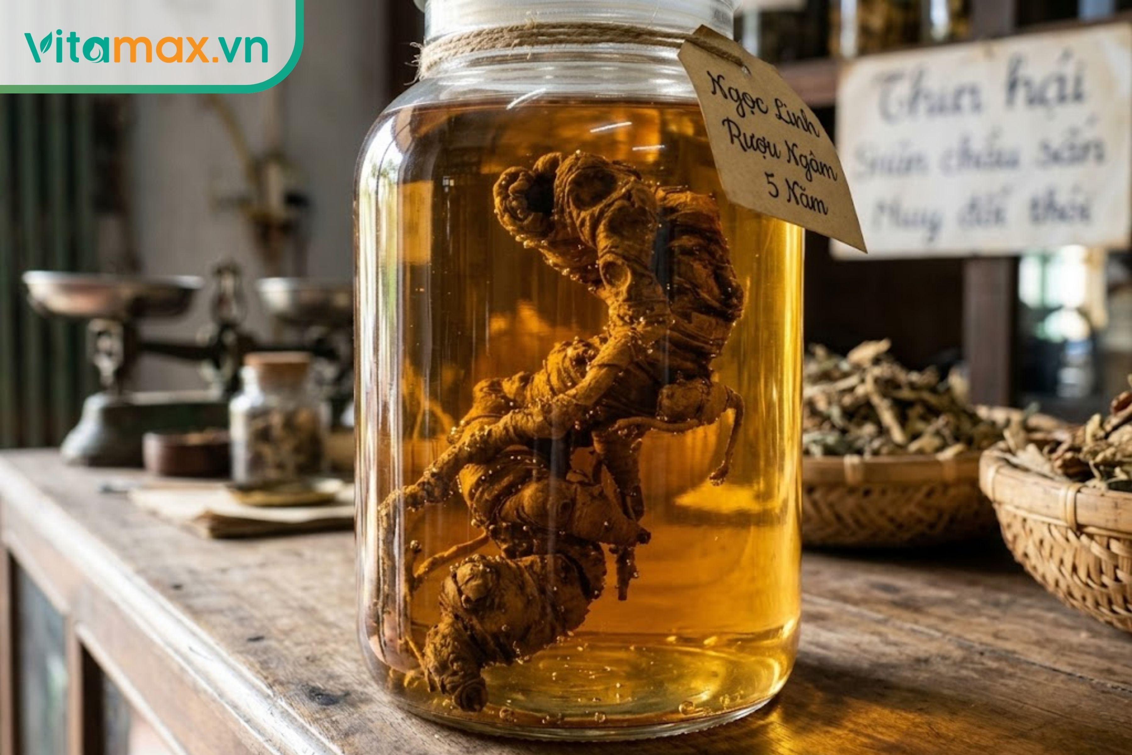 Cận cảnh lớp rượu sâm Ngọc Linh trong vắt màu vàng nâu và củ sâm còn săn chắc bên trong bình.