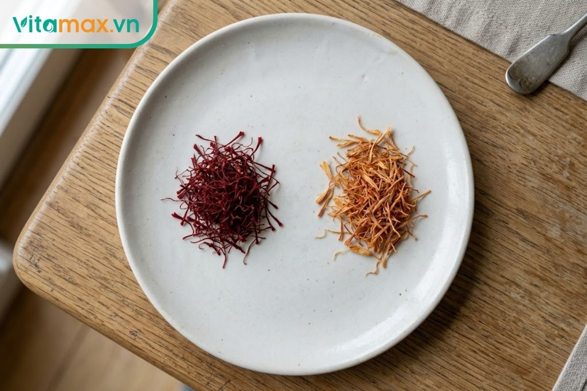 Sự khác biệt màu sắc giữa sợi saffron mới có màu đỏ thẫm và sợi saffron để lâu bị ngả sang màu cam nhạt.