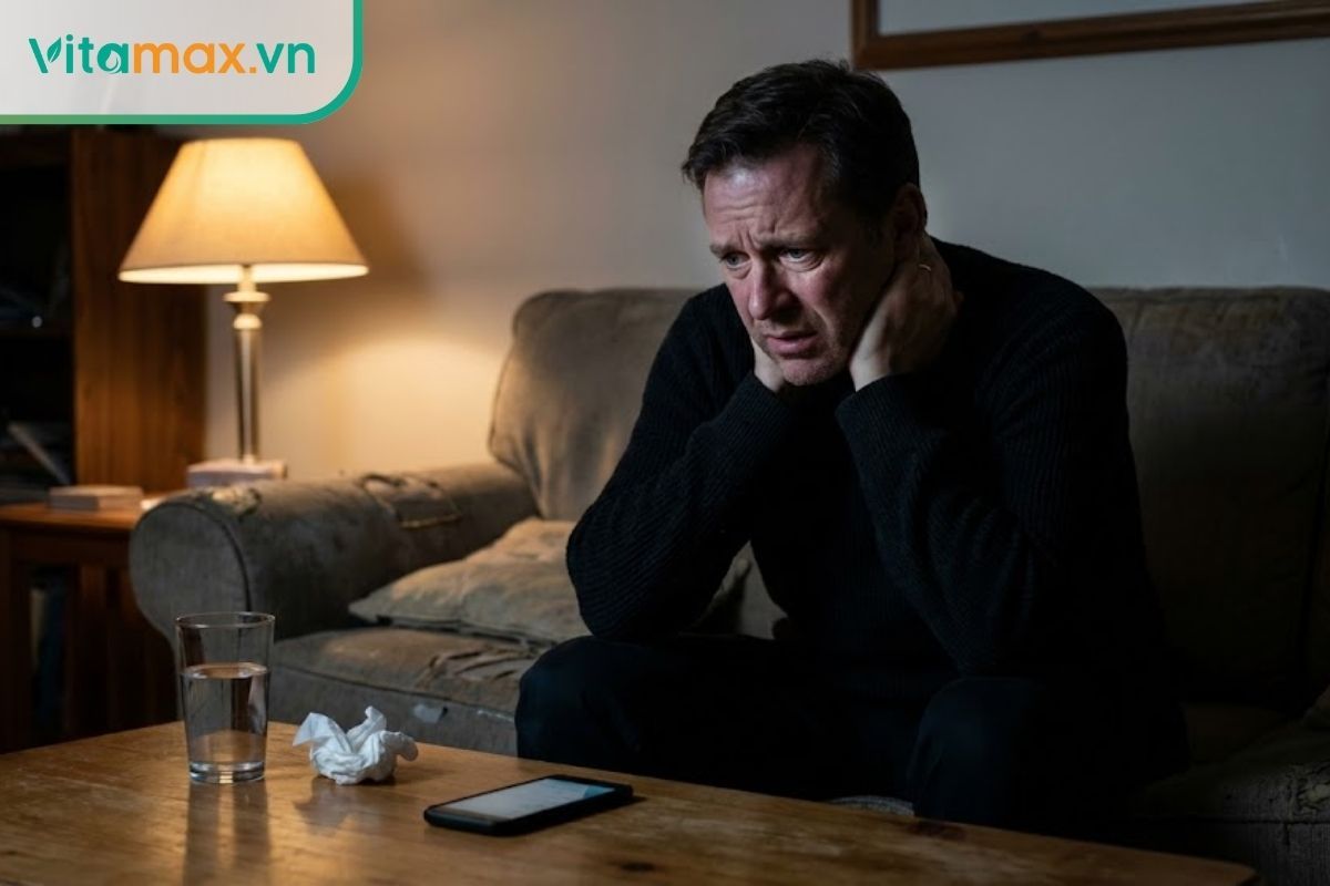 Người đàn ông đang ôm cổ họng thể hiện triệu chứng khó thở và sưng họng, dấu hiệu cảnh báo sốc phản vệ.