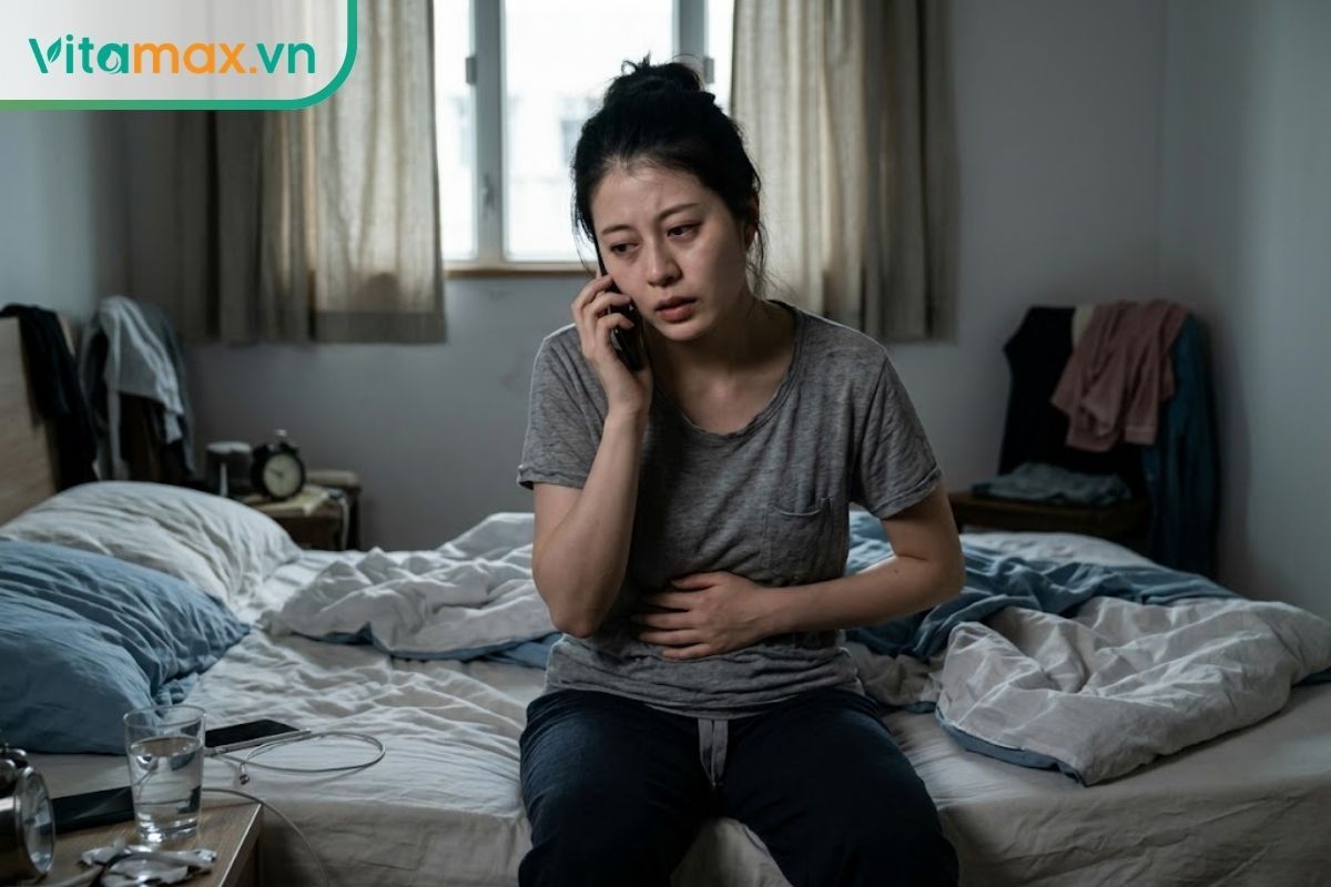 Nữ bệnh nhân mệt mỏi ôm bụng đau quặn và đang gọi điện thoại cho bác sĩ để nhờ tư vấn y tế.