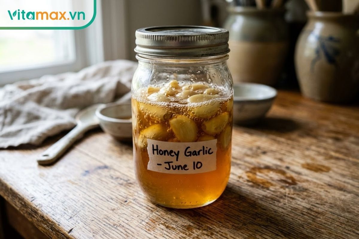 Hiện tượng sủi bọt khí tự nhiên trong hũ tỏi ngâm mật ong trong những tuần đầu tiên.