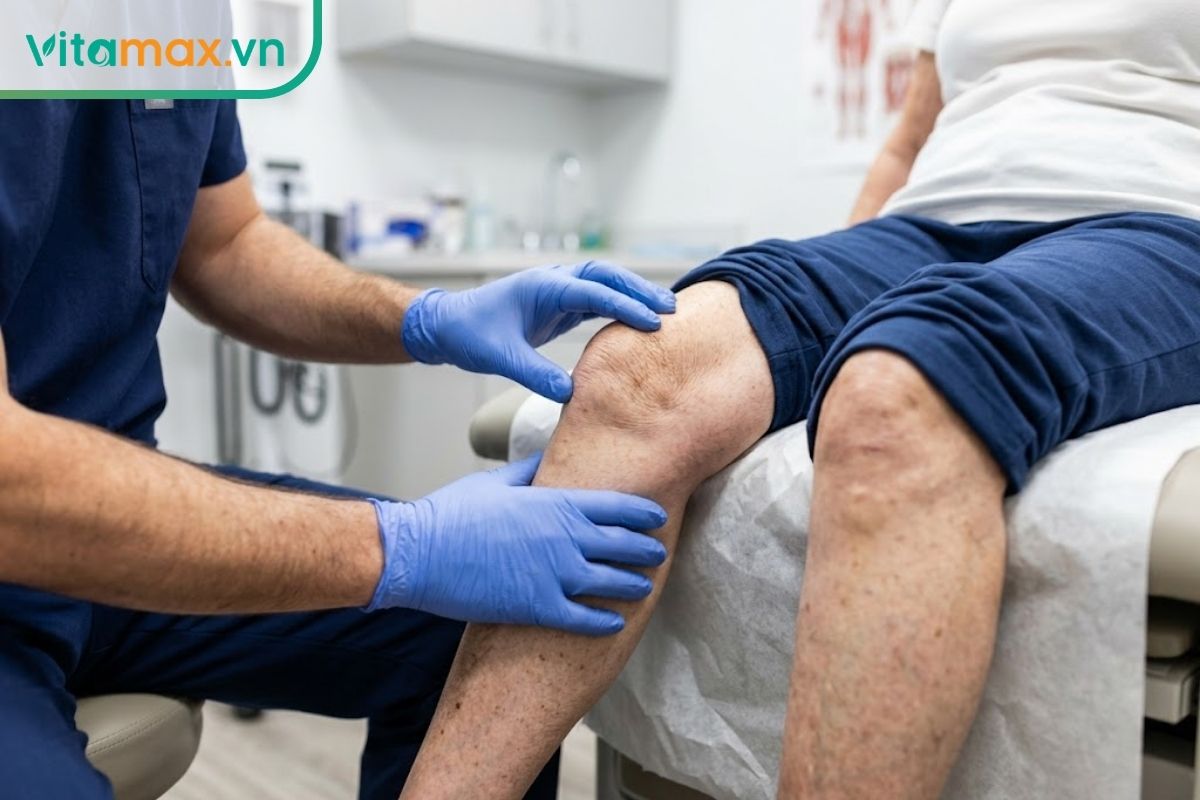 Bác sĩ đang dùng hai tay cẩn thận sờ nắn và kiểm tra vùng khớp gối của một bệnh nhân lớn tuổi đang ngồi trên giường khám.