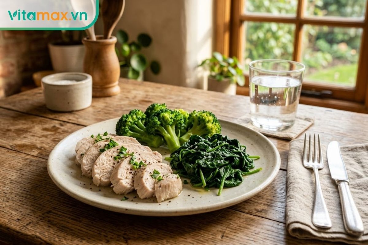 Một đĩa ức gà luộc thái lát ăn kèm nhiều rau xanh tươi, đặt trên mặt bàn gỗ sáng màu, ánh sáng tự nhiên ấm áp.