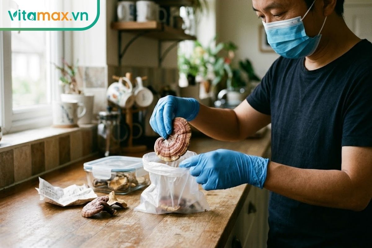 Người đeo găng tay bảo hộ màu xanh đang cầm một tai nấm linh chi khô để quan sát bề mặt và tình trạng sản phẩm.