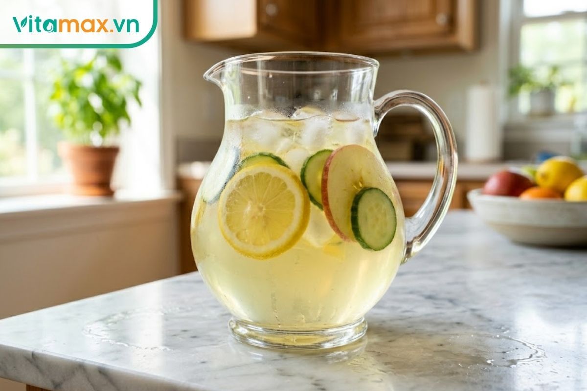 Một bình thủy tinh lớn đựng nước detox màu vàng nhạt của saffron, bên trong ngâm các lát chanh, dưa chuột và táo tươi cùng đá lạnh, đặt trên quầy bếp sáng sủa.