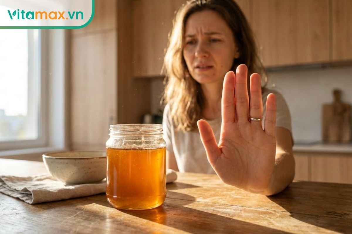 Một người phụ nữ đang từ chối hũ mật ong với vẻ mặt lo lắng, biểu thị sự thận trọng với dị ứng mật ong.