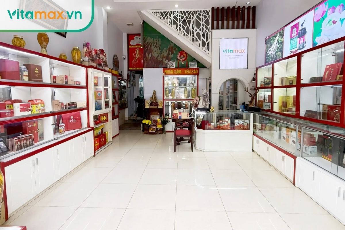 Không gian cửa hàng Vitamax hiện đại với kệ trưng bày sâm Hàn Quốc và dược sĩ đang tư vấn.