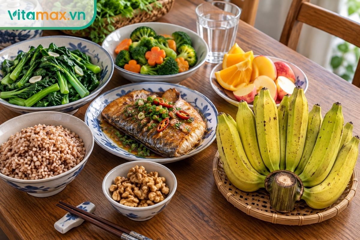 Bữa ăn gồm cá, rau xanh, ngũ cốc, hạt và quả chuối tiêu có hình dáng đúng sản phẩm tham chiếu, đặt trên bàn ăn gia đình.