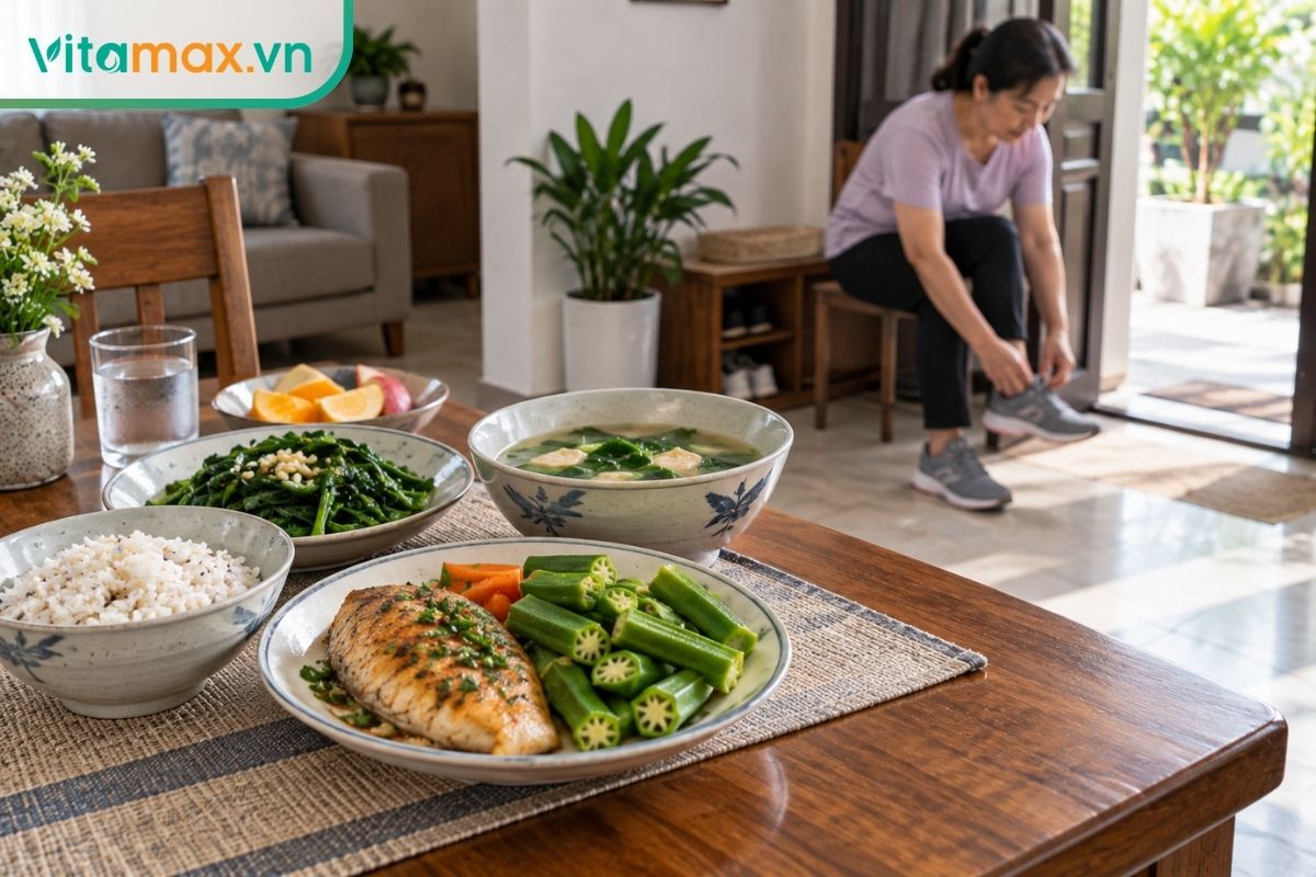 Bữa ăn cân bằng có đậu bắp, cá, rau và cơm bên cạnh người trưởng thành chuẩn bị đi bộ, minh họa lối sống hỗ trợ xương khớp.